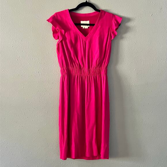 Kate Spade Hot Pink Flutter Sleeve Dress Size 2 V-Neck Midi Barbie Date Night - Picture 1 of 6